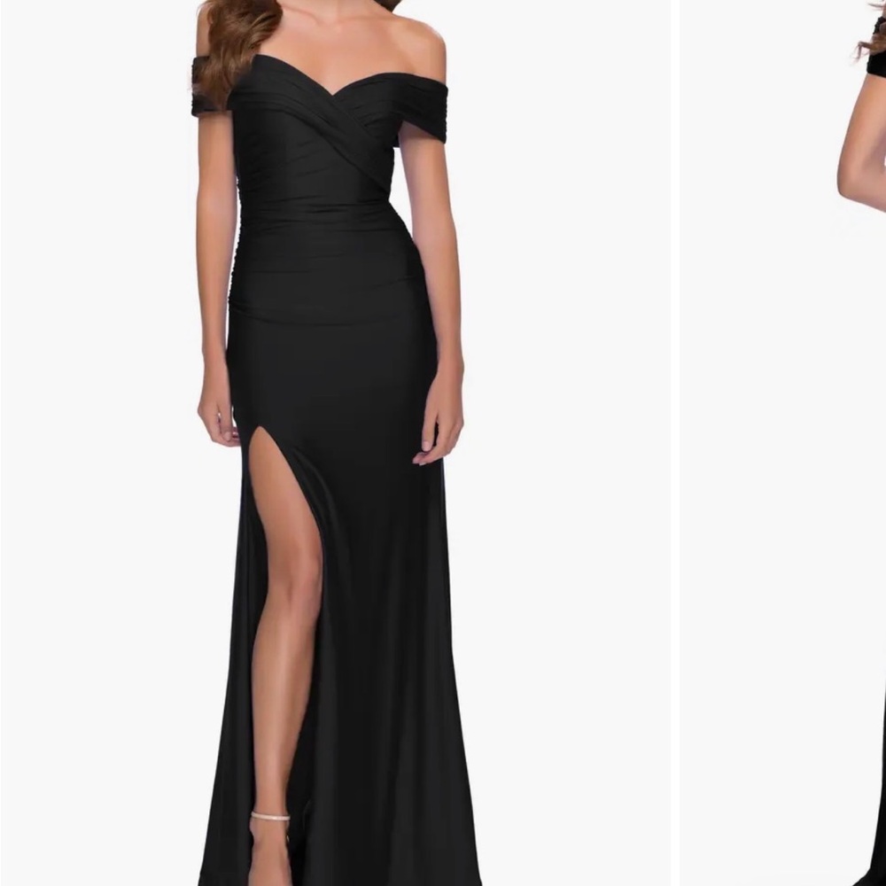 Off the shoulder black dress with ruching